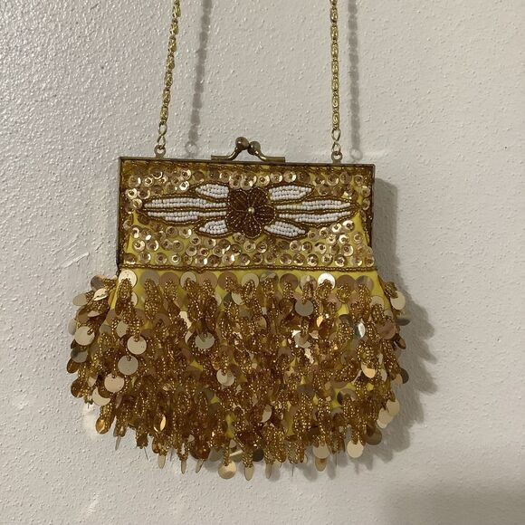 Vintage Y2K Gold Beaded Sequin Fairy 20s Art Deco Flapper Style Crossbody Bag - Picture 2 of 10